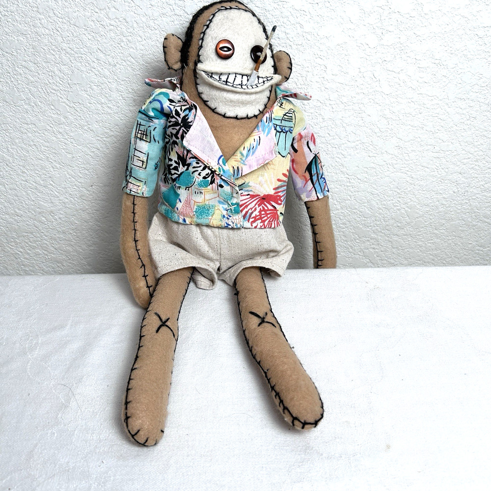 Ugly Hand Crafted Decor Felt Monkey Smoking Hawaiian shirt & shorts toothy grin